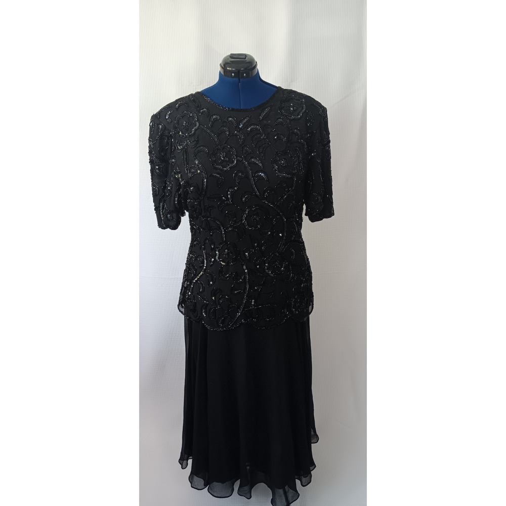 Vintage Jessica Taylor Black Beaded Sequin Chiffon Sheath Dress XL Rayon Evening